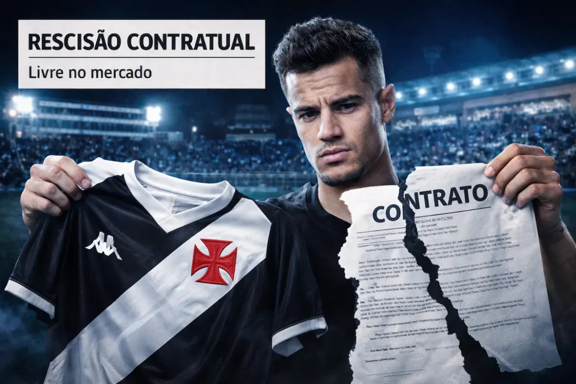 Atleta exibe camisa do Vasco e rasga contrato em campo iluminado por refletores.