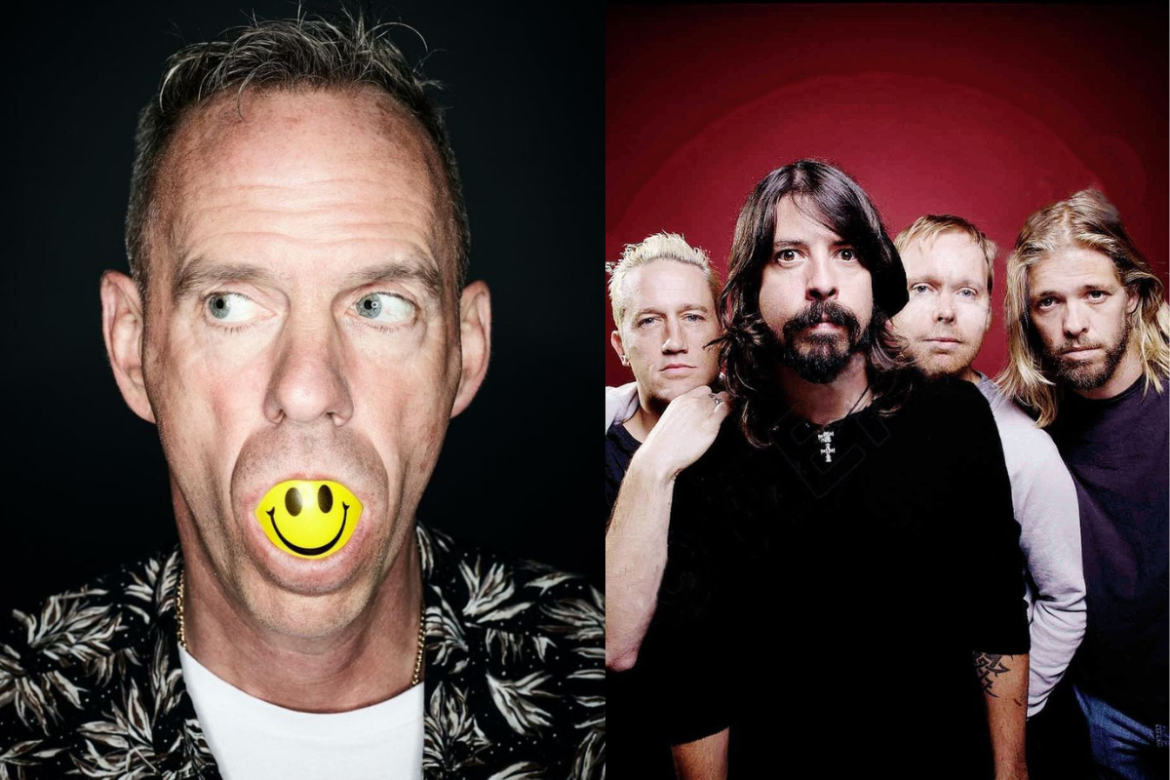 Montagem dividida ao meio; à esquerda, retrato de Fatboy Slim olhando para o lado com uma bolinha amarela de "smiley" na boca; à direita, os quatro integrantes do Foo Fighters posando seriamente contra um fundo circular vermelho.