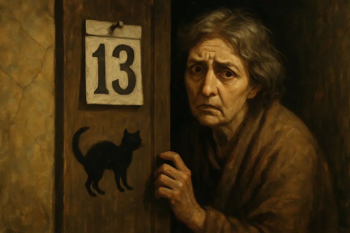 Mulher idosa com expressão preocupada espreita ao lado de porta com número 13 e desenho de gato preto