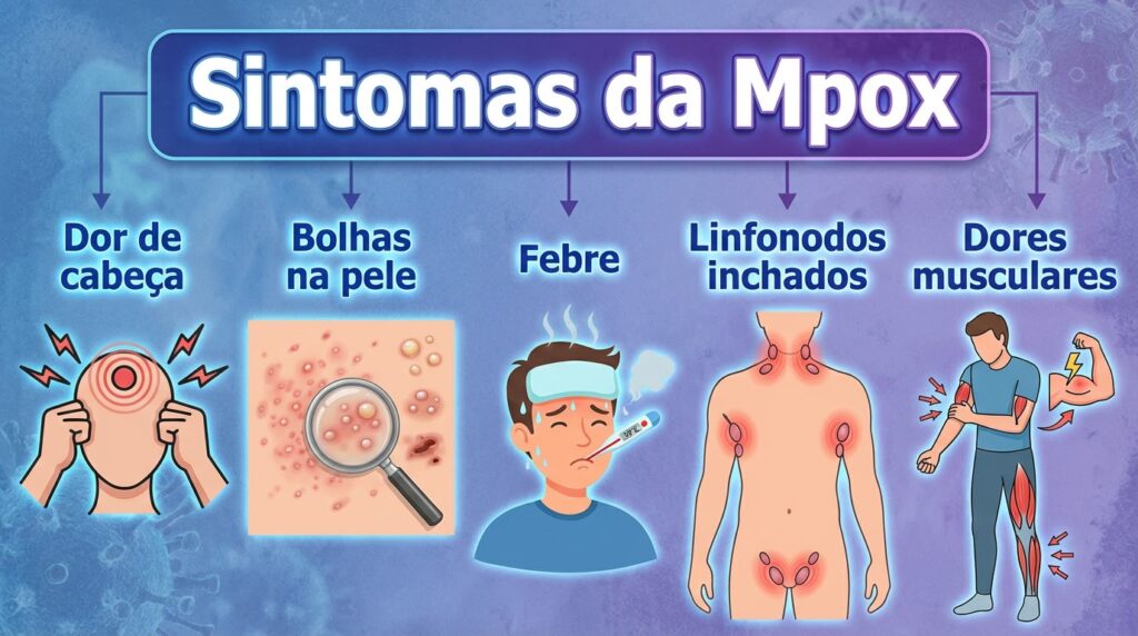 Mpox: veja o que é verdade e o que é mito sobre a doença 6 Ilustração mostra sintomas da Mpox incluindo dor de cabeça, bolhas, febre, linfonodos inchados e dores musculares