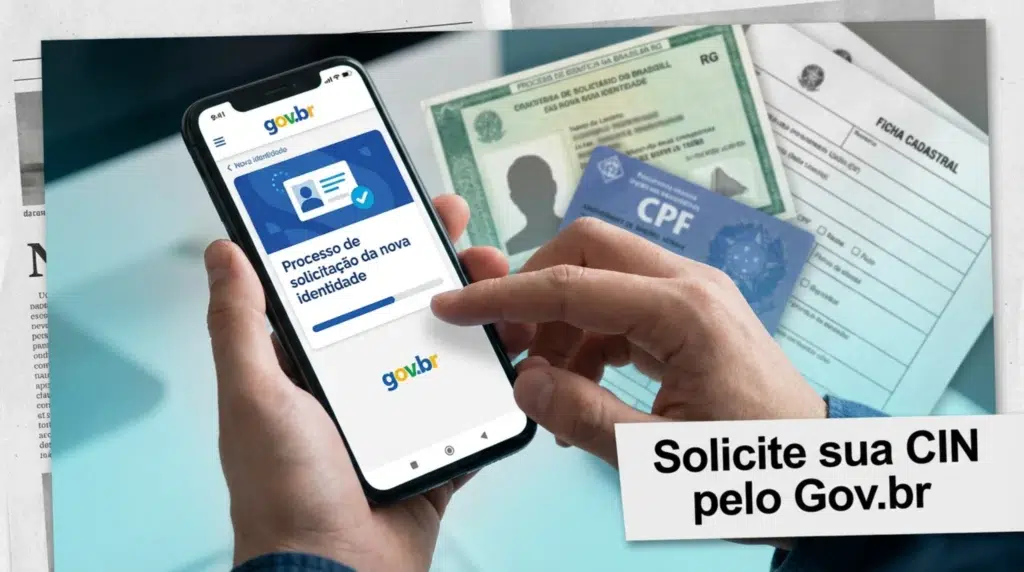 Planejando viajar? Fique atento à exigência da nova identidade nos aeroportos 6 Pessoa utilizando o aplicativo Gov.br no celular para iniciar o pedido da Carteira de Identidade Nacional, com documentos pessoais ao fundo.