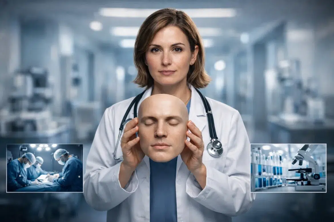 Médica segura réplica de rosto humano, com bancada cirúrgica e microscópio ao fundo.