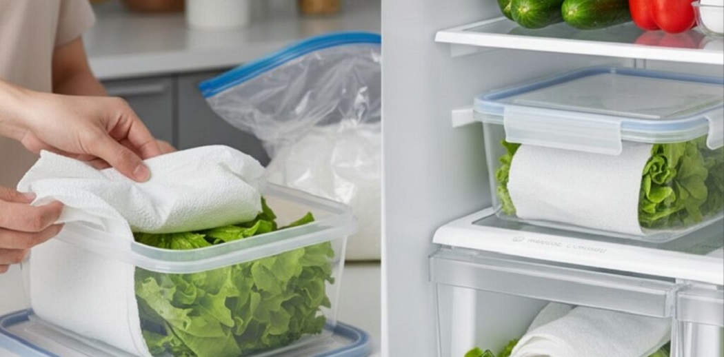 O segredo do papel-toalha: como fazer a alface durar o dobro do tempo na geladeira 6 Mãos colocando papel-toalha sobre alface em pote plástico transparente na cozinha