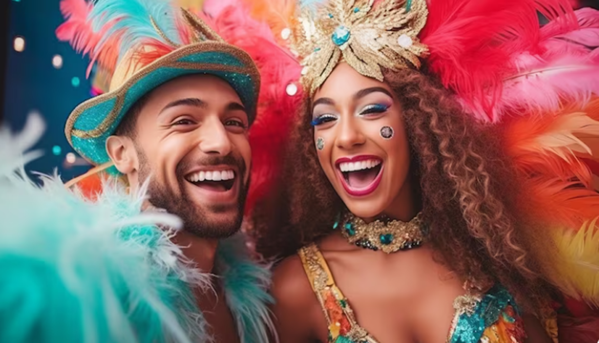 Casal fantasiado com plumas e adereços coloridos aproveitando o Carnaval e sorrindo juntos