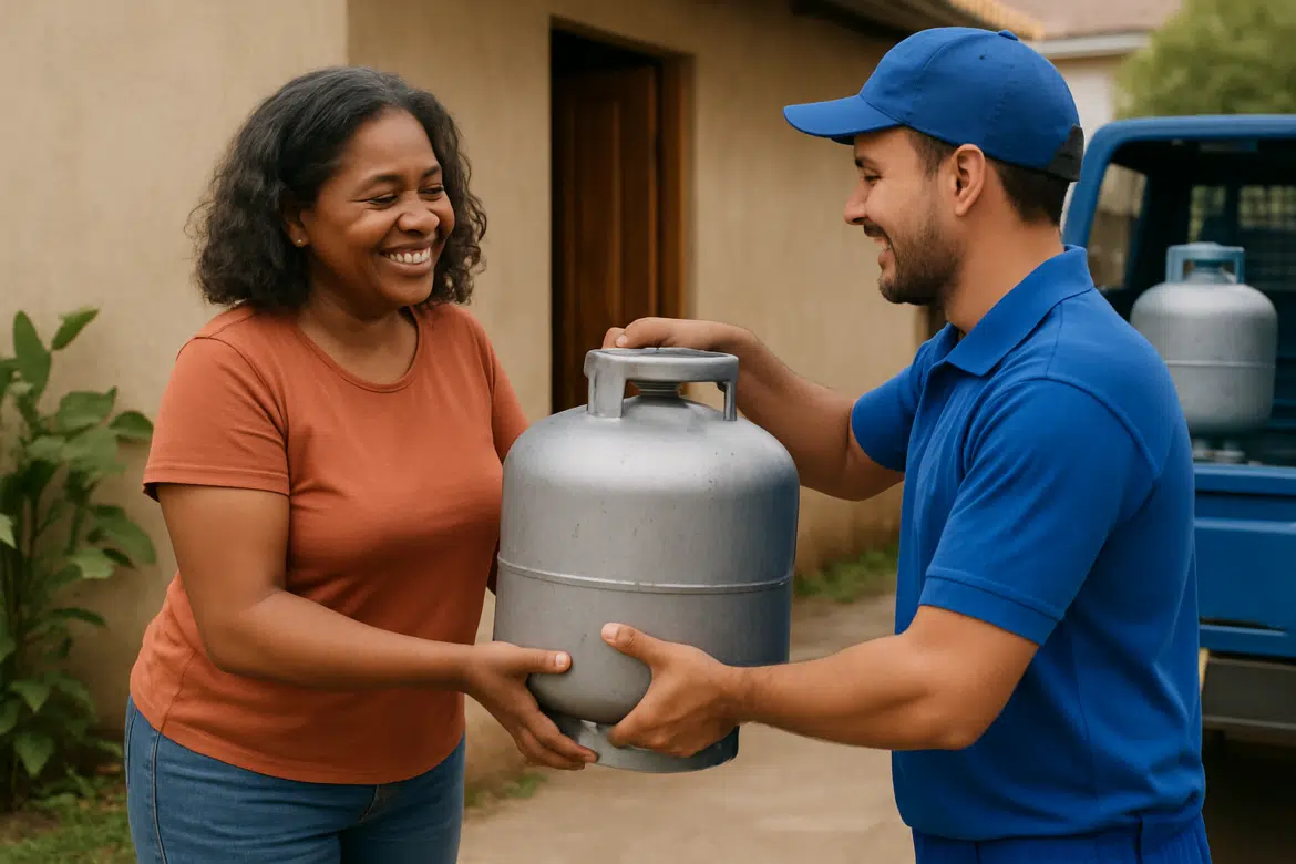 Mulher sorridente recebe botijão de gás de entregador uniformizado em frente à casa