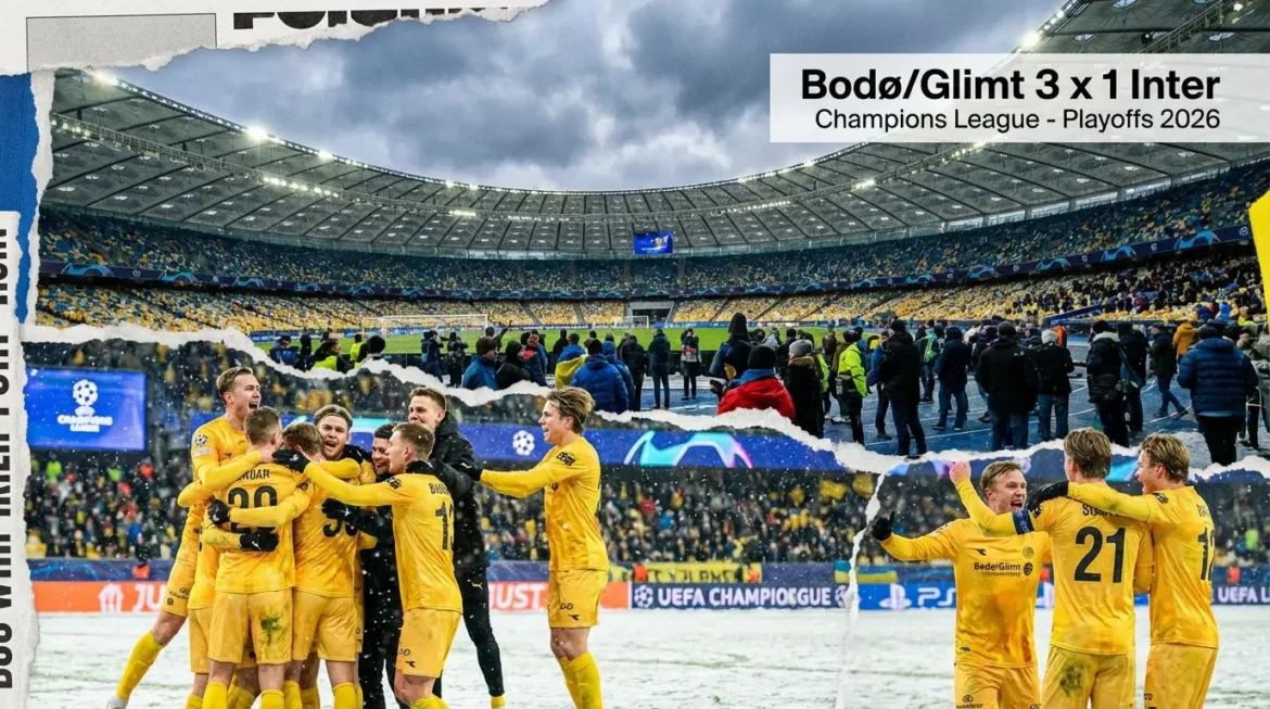 Atletas do Bodø/Glimt celebram gol em campo nevado, torcida ao fundo.
