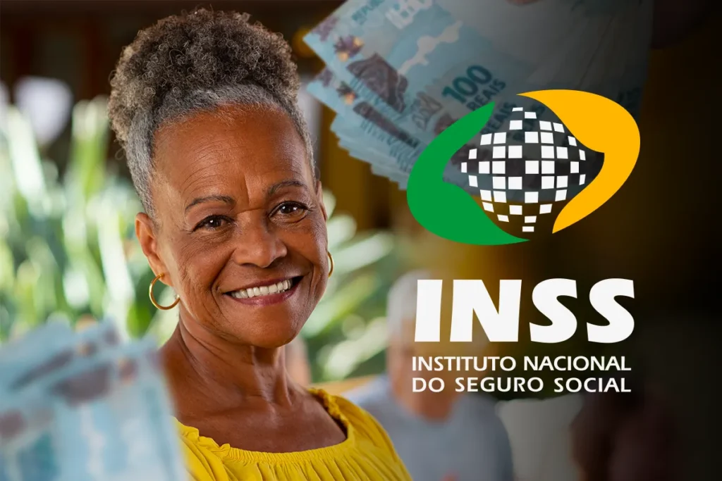 13º do INSS pode movimentar bilhões e cair antes do previsto 6 Aposentada sorrindo com dinheiro em mãos ao lado do logo do INSS, ilustrando expectativa pelo calendário de pagamento do 13º salário.