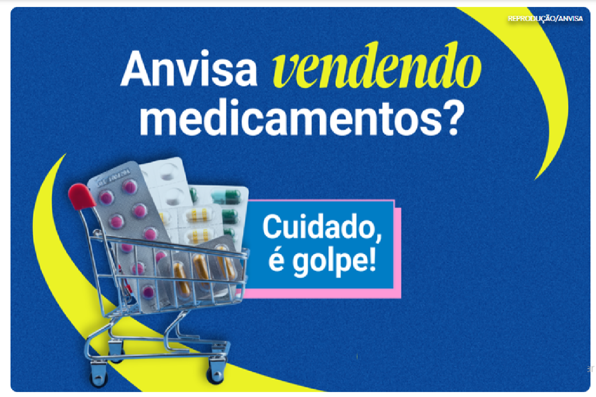 Alerta: Golpe usa nome da Anvisa para vender remédios para emagrecer 6 Blisters de comprimidos em carrinho de compras sobre fundo azul com aviso de golpe