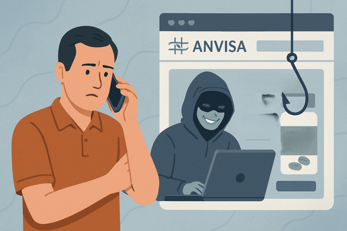 Homem preocupado ao telefone diante de site falso da Anvisa com golpista mascarado