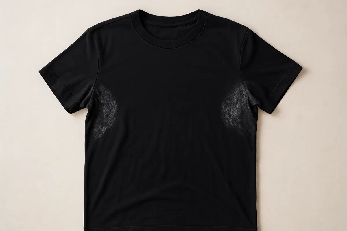 O produto de farmácia que remove manchas das roupas pretas 6 Camiseta preta com manchas de desodorante nas axilas