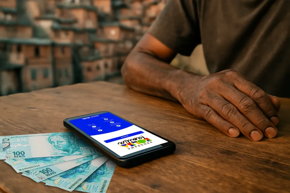 Aplicativo exibindo consulta do Bolsa Família em celular ao lado de notas de real sobre mesa de madeira.