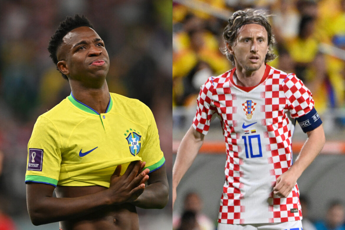 Jogadores das seleções do Brasil e da Croácia em campo