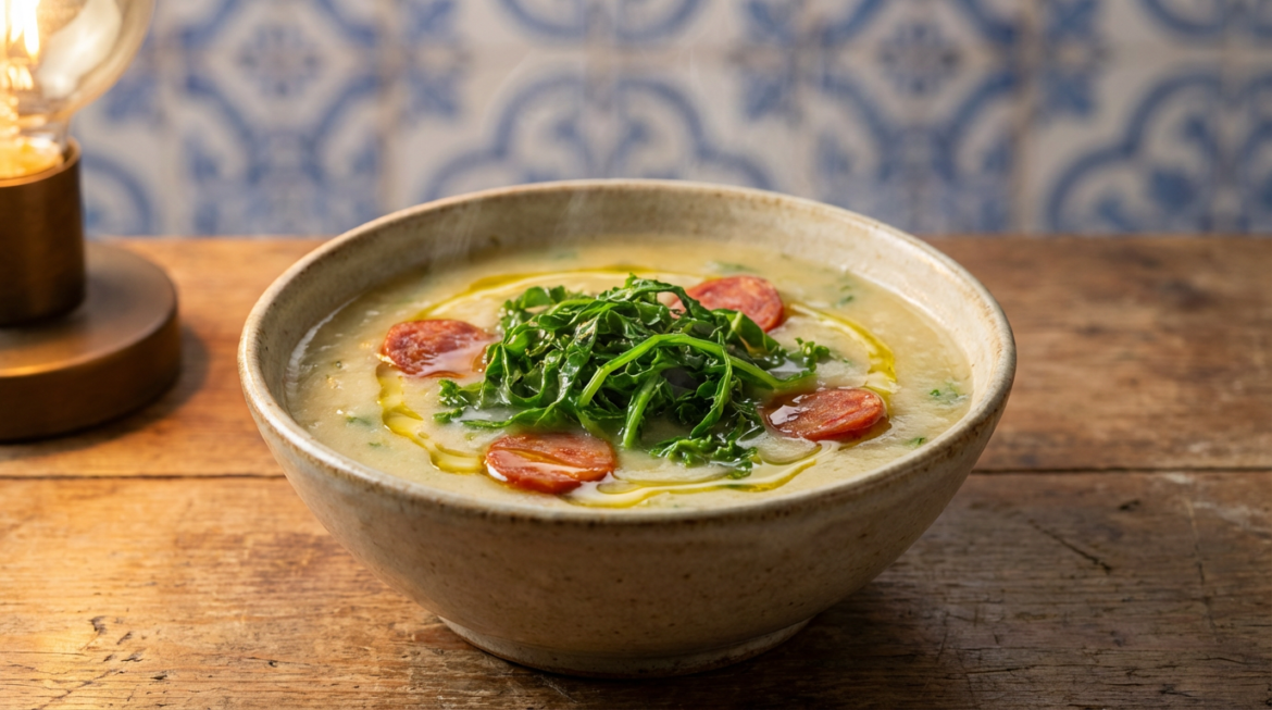 Tigela de caldo verde com rodelas de calabresa e couve fresca em destaque