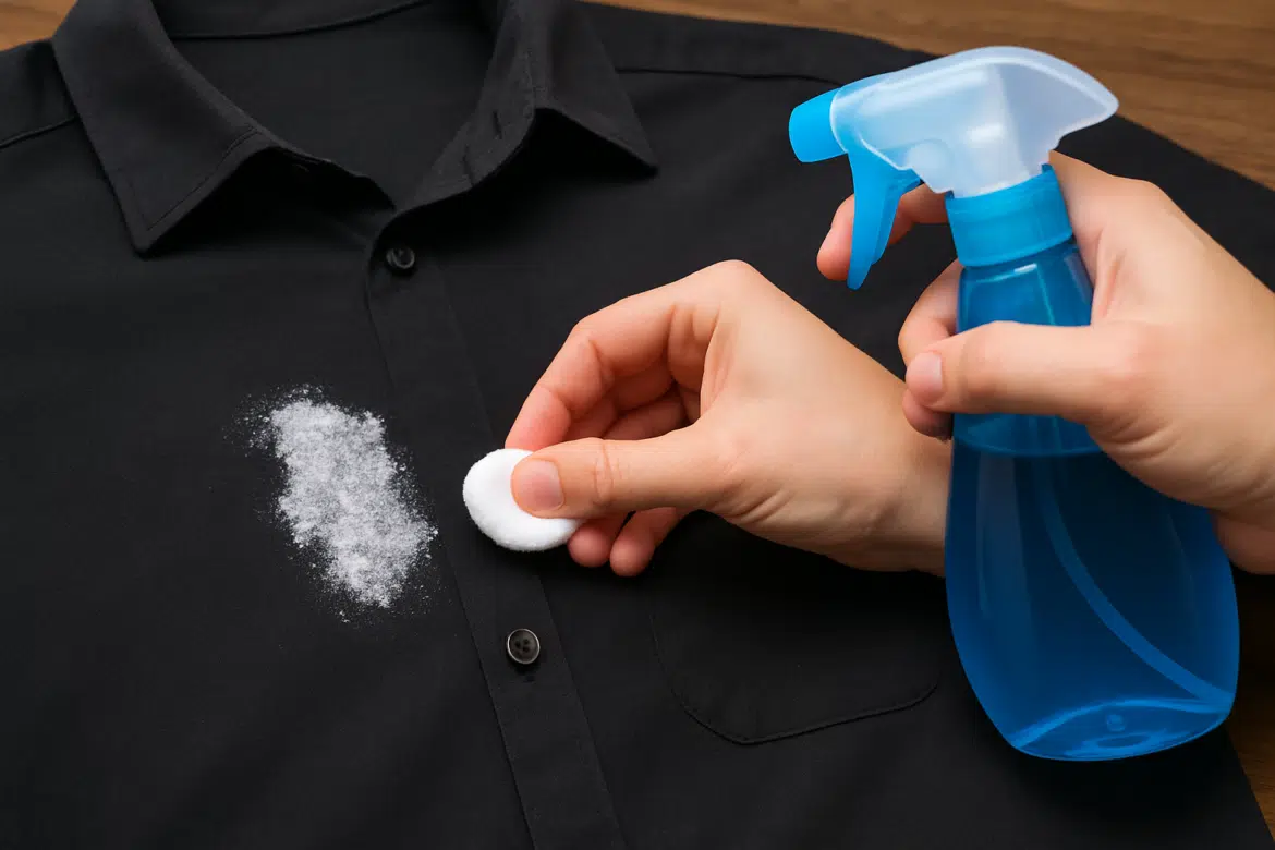 Pessoas removendo mancha branca de camisa preta com algodão e borrifador