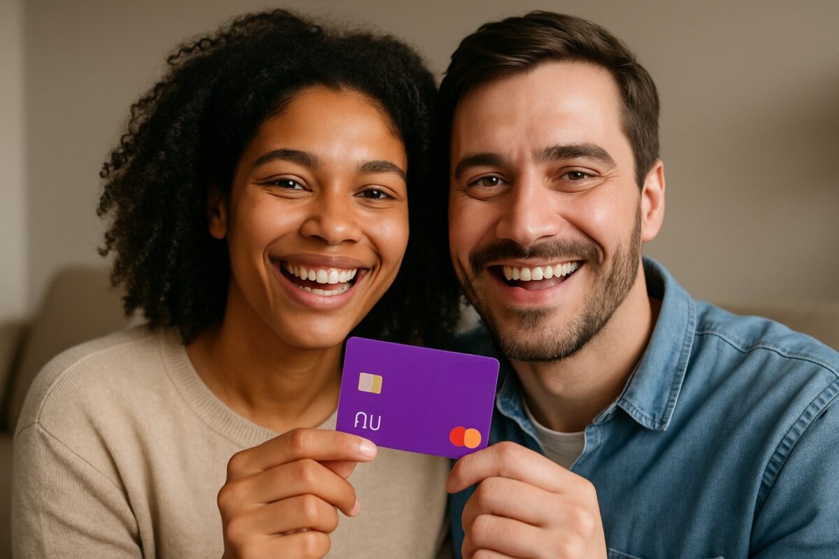 Nubank acaba de lançar uma promoção que pode render um bom dinheiro de volta na conta 6 Casal sorridente segurando um cartão de crédito roxo do Nubank