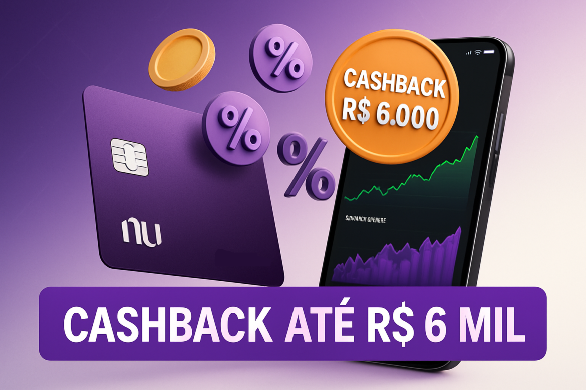 Cartão Nubank, moedas, símbolos de porcentagem e celular com gráfico; destaque para texto cashback até R$ 6 mil