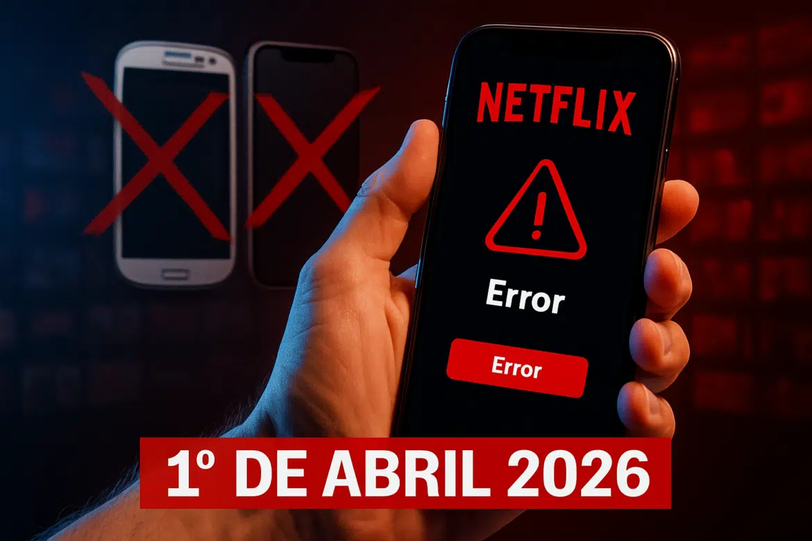 Celular exibindo erro da Netflix e inscrição '1º de Abril 2026'