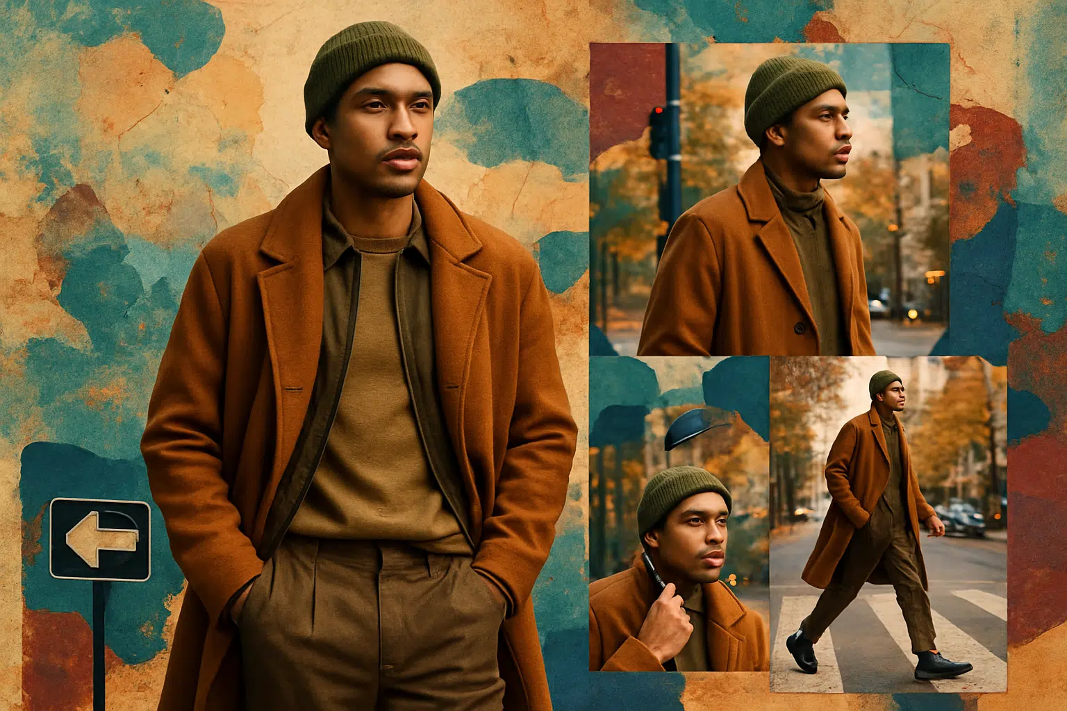 As cores que dominam o Outono 2026: saiba como combinar tons terrosos e verde-oliva 6 Homem usando casaco marrom e touca verde oliva em uma colagem com fundo artístico.