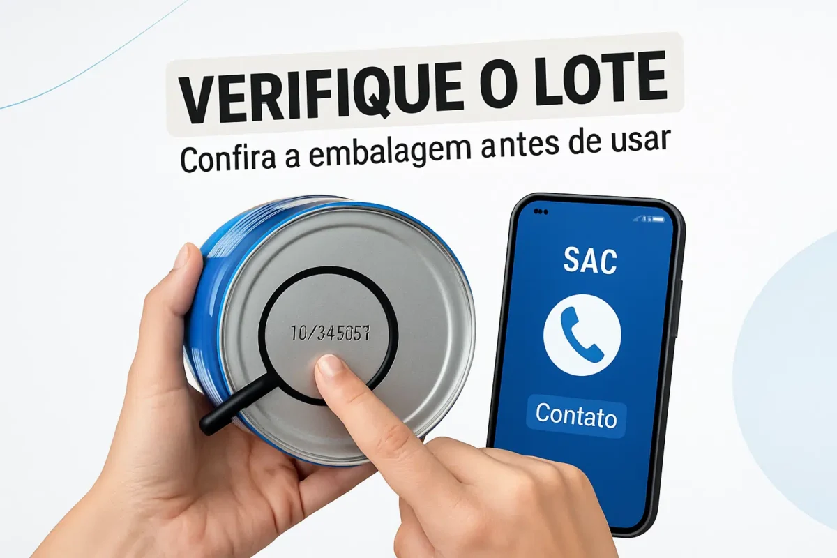 Alerta! Anvisa determina suspensão de lotes de fórmula infantil Aptamil 6 Pessoa apontando para o lote em uma embalagem de lata ao lado de um celular com tela de contato SAC
