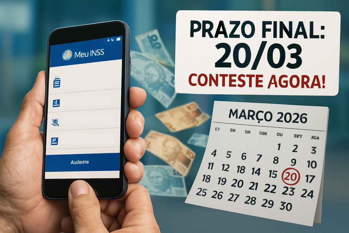 Pessoa segurando celular com aplicativo Meu INSS aberto e destaque para prazo final 20/03 em calendário de março de 2026