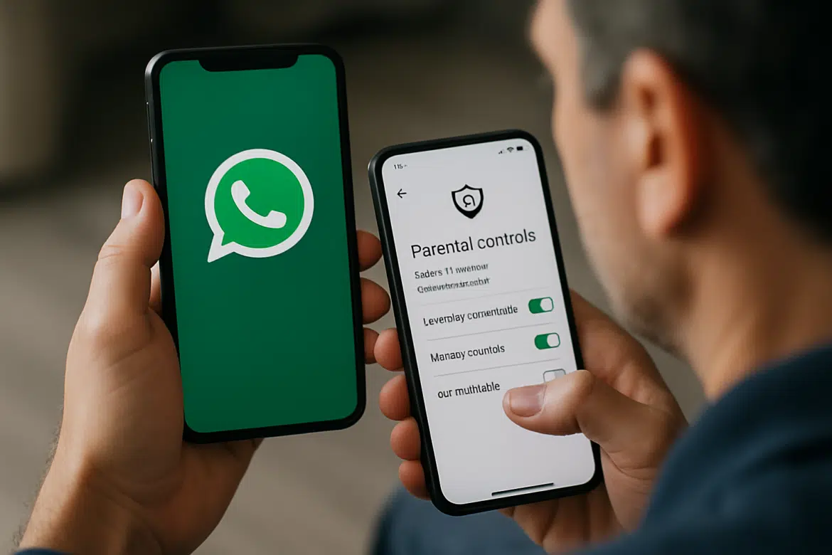 Pessoa segurando dois smartphones, um com o logo do WhatsApp e outro com tela de controle parental