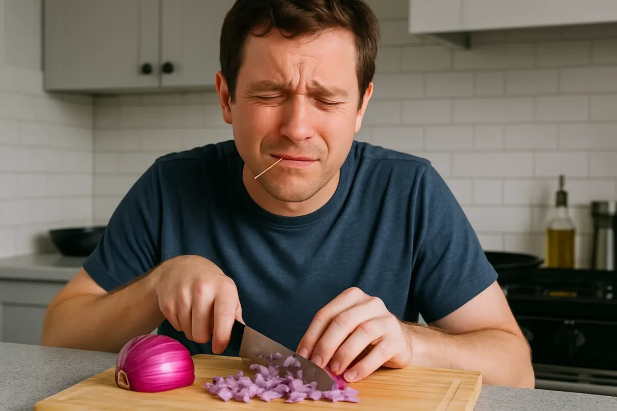 O segredo para nunca mais chorar cortando cebola: o truque do "palito de dente" na boca funciona mesmo? 6 Homem cortando cebola e fazendo careta com um palito de dente na boca