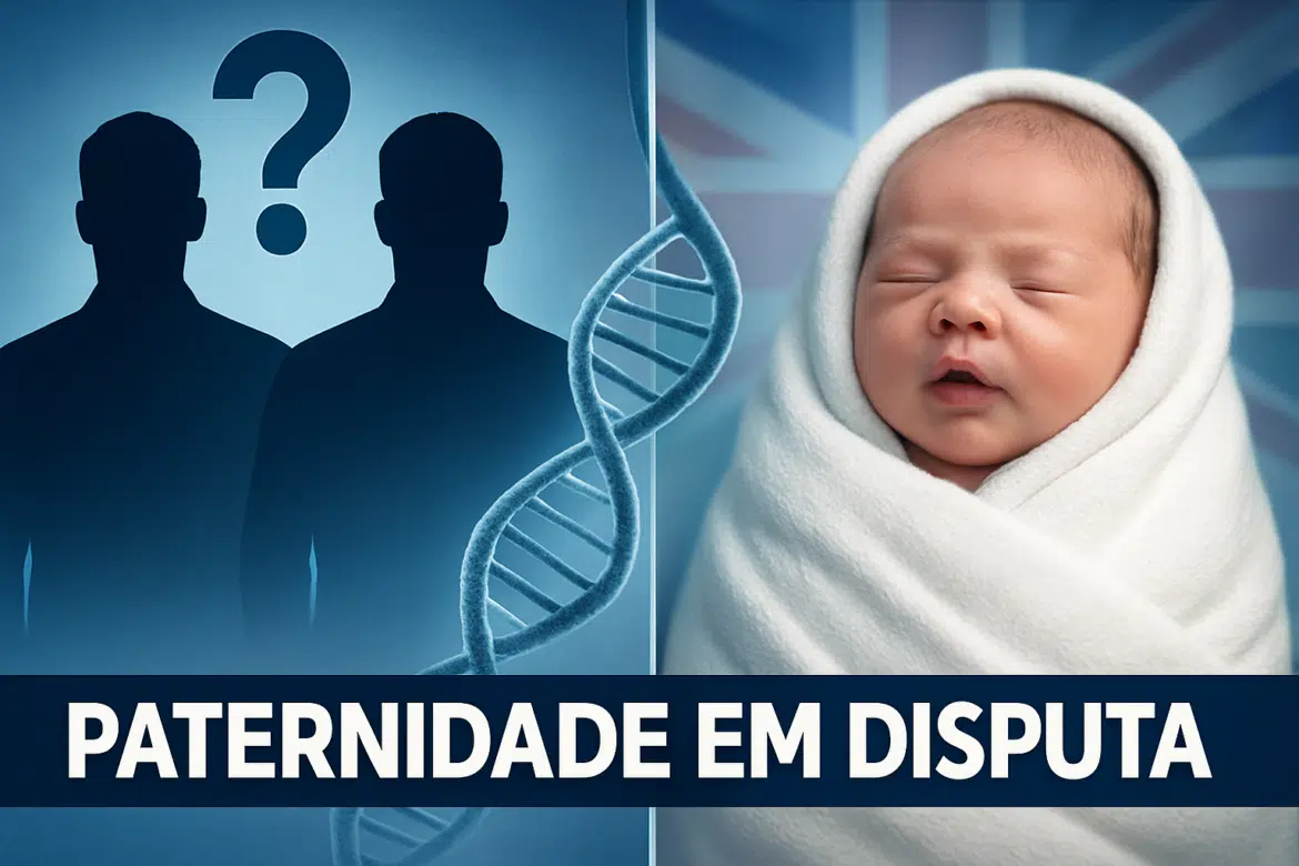 Imagem sobre disputa de paternidade com dois homens em silhueta, um ponto de interrogação, fita de DNA e um bebê enrolado em manta branca