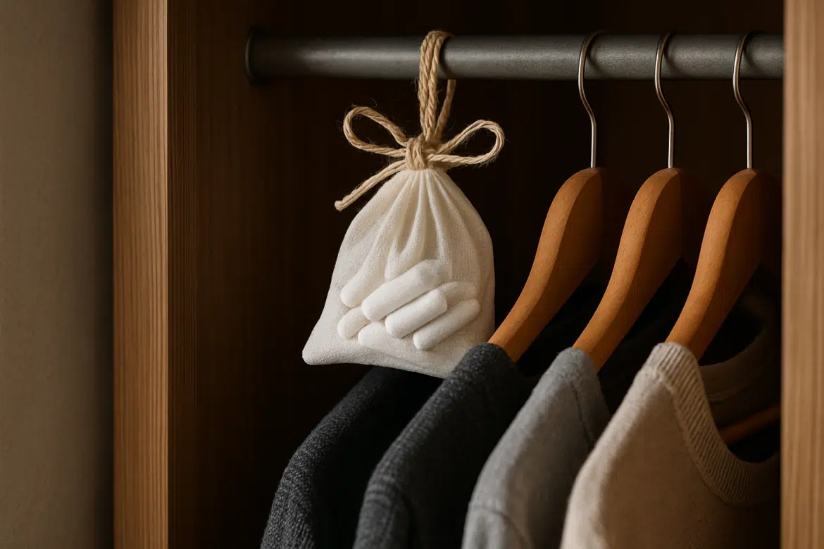Sachê com giz pendurado em cabideiro de armário com roupas