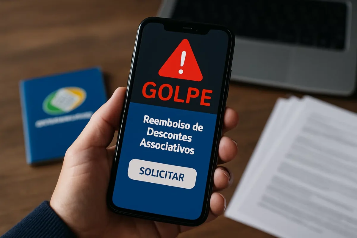 INSS denuncia aplicativo falso que promete reembolso e alerta para golpe 6 Celular exibindo alerta de golpe sobre reembolso de descontos associativos