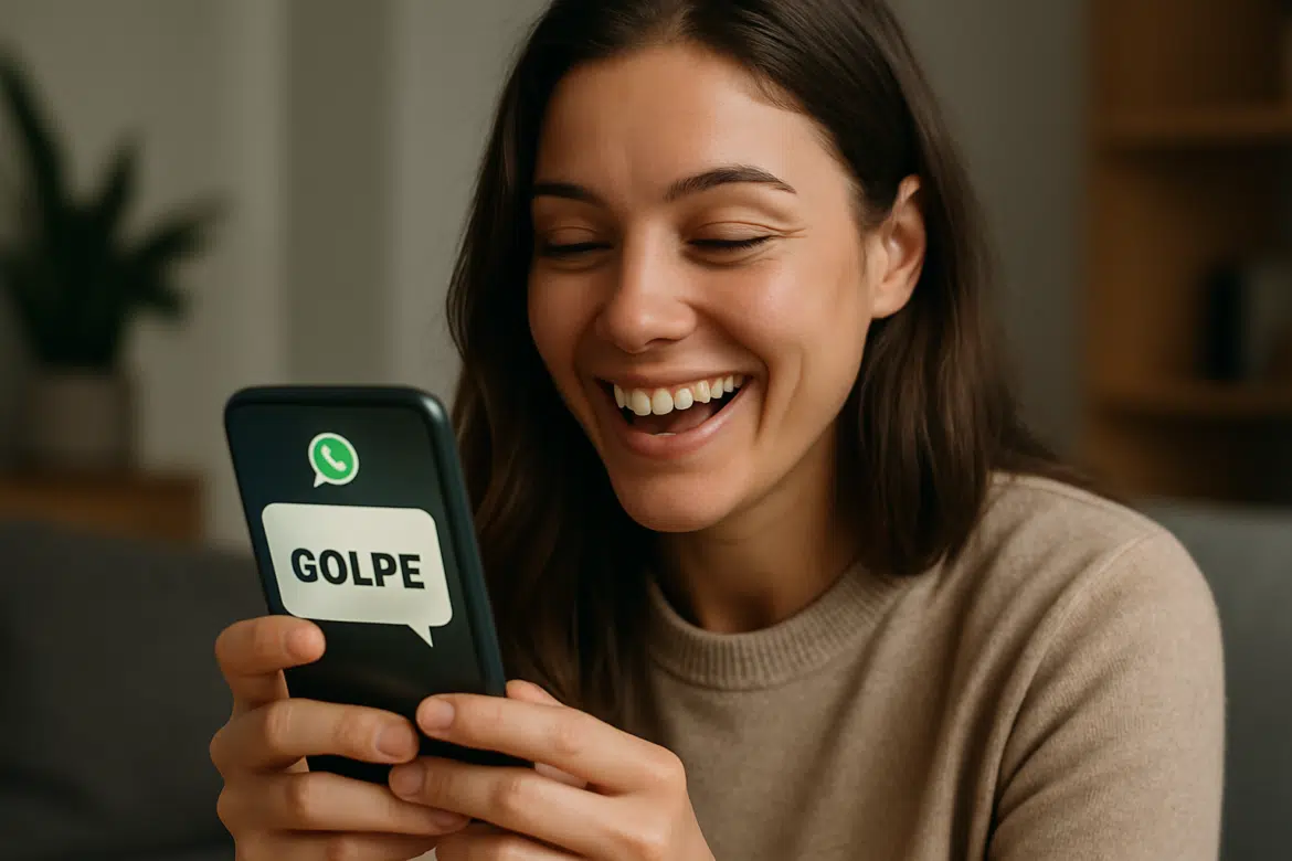 Mulher sorrindo enquanto segura um celular com alerta de golpe no WhatsApp