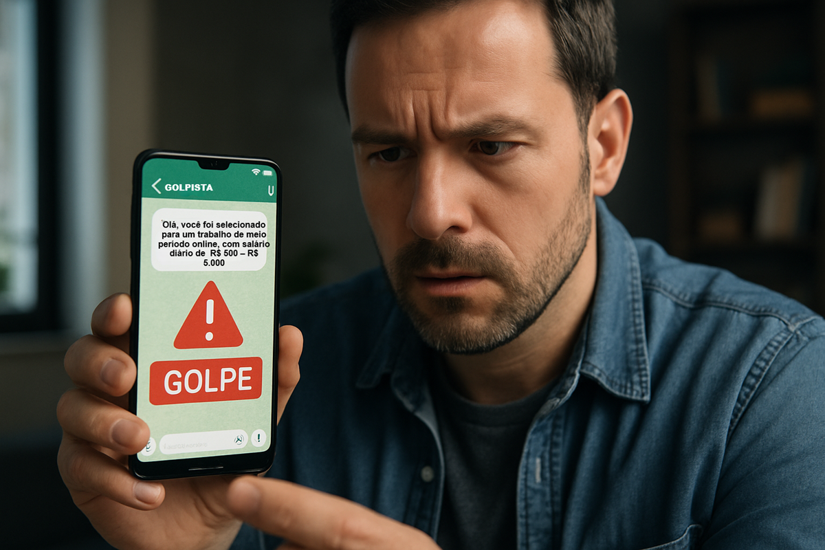 3 sinais no anúncio de emprego do WhatsApp que provam que a vaga é golpe para roubar seus dados 6 Homem olhando preocupado para o celular com mensagem de golpe na tela