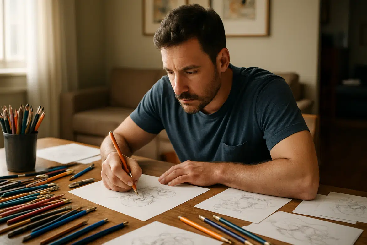 Homem desenhando com lápis de cor sobre uma mesa