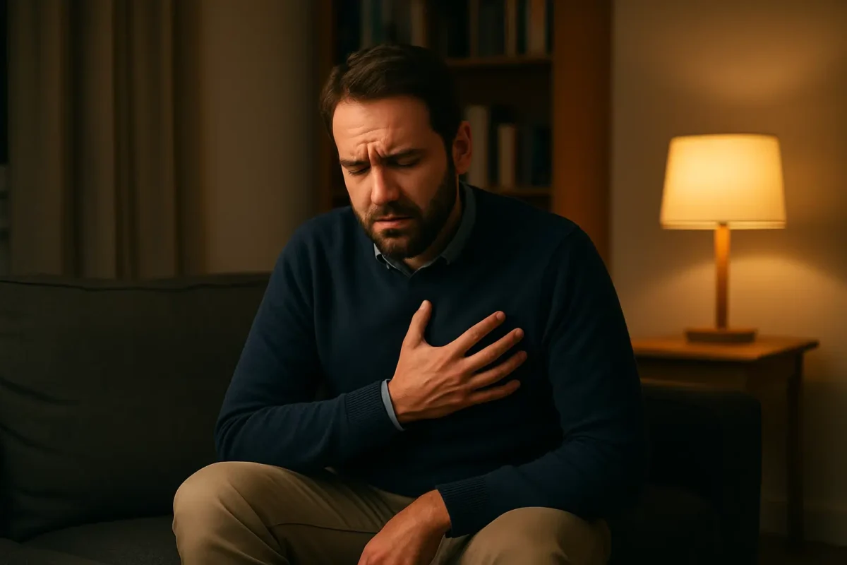 Síndrome do Domingo à Noite: Por que você sente um vazio no peito agora e o que isso diz sobre o seu emprego atual 6 Homem sentado sentindo dor no peito e com ansiedade