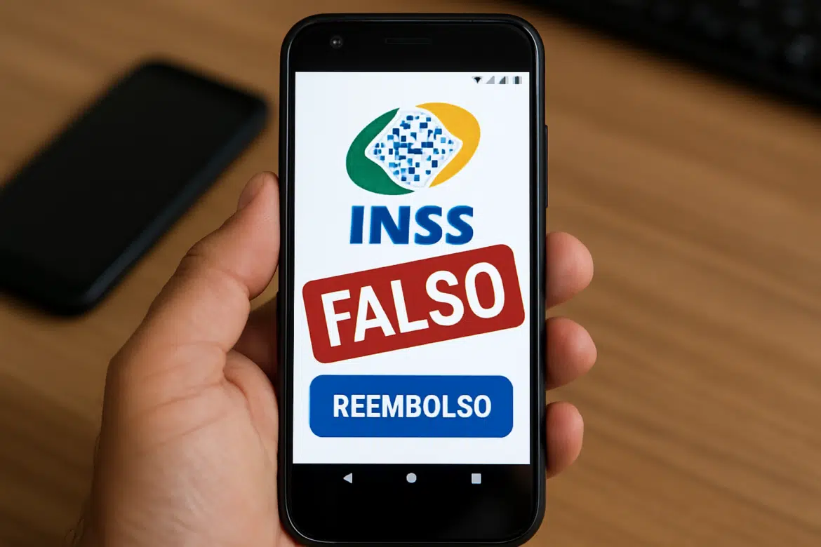 Tela de celular exibindo alerta de golpe do INSS com as palavras 'FALSO' e 'REEMBOLSO'
