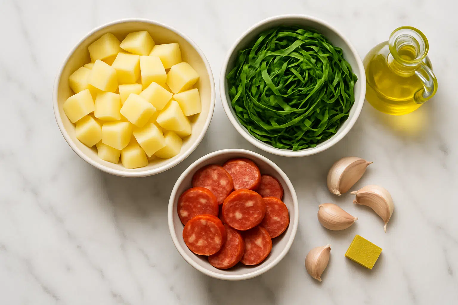 Receita de caldo leve e saboroso para as primeiras noites frias de abril 6 Ingredientes para caldo verde dispostos sobre uma superfície clara