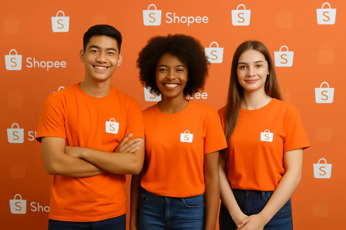 Três jovens usando camisetas laranja com logotipo da Shopee