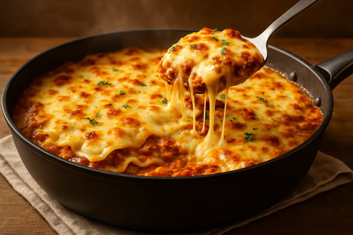 Uma porção de lasanha sendo servida de uma panela com queijo derretido