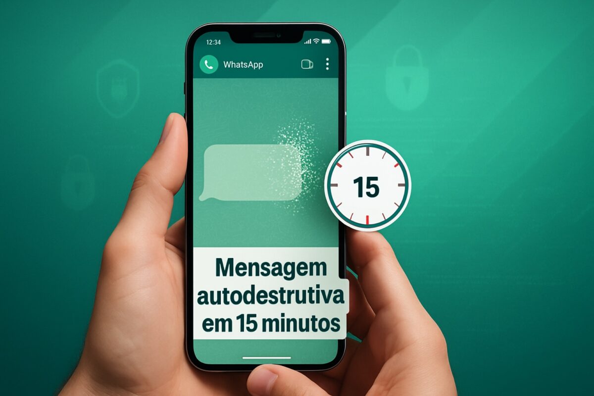 WhatsApp vai lançar mensagens temporárias com duração de 15 minutos 6 Mão segurando celular com mensagem autodestrutiva no WhatsApp e cronômetro de 15 minutos