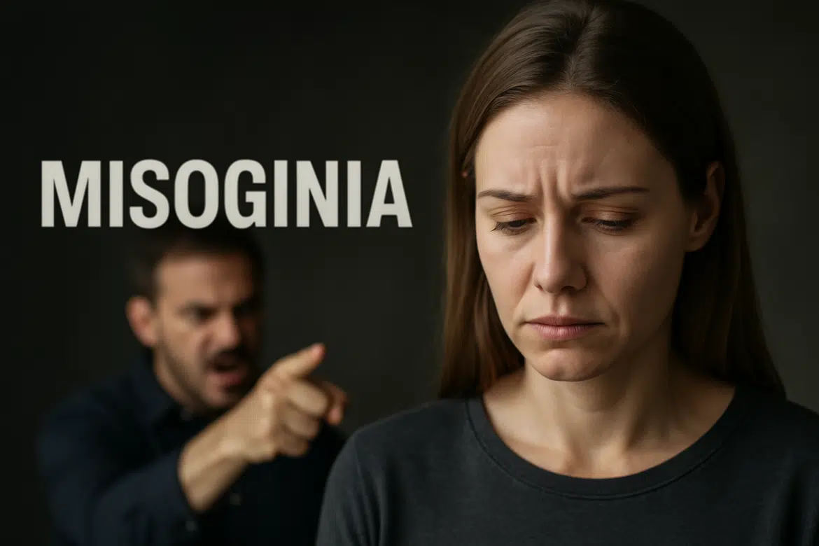 Homem gritando e apontando para uma mulher triste, com a palavra 'Misoginia' ao fundo