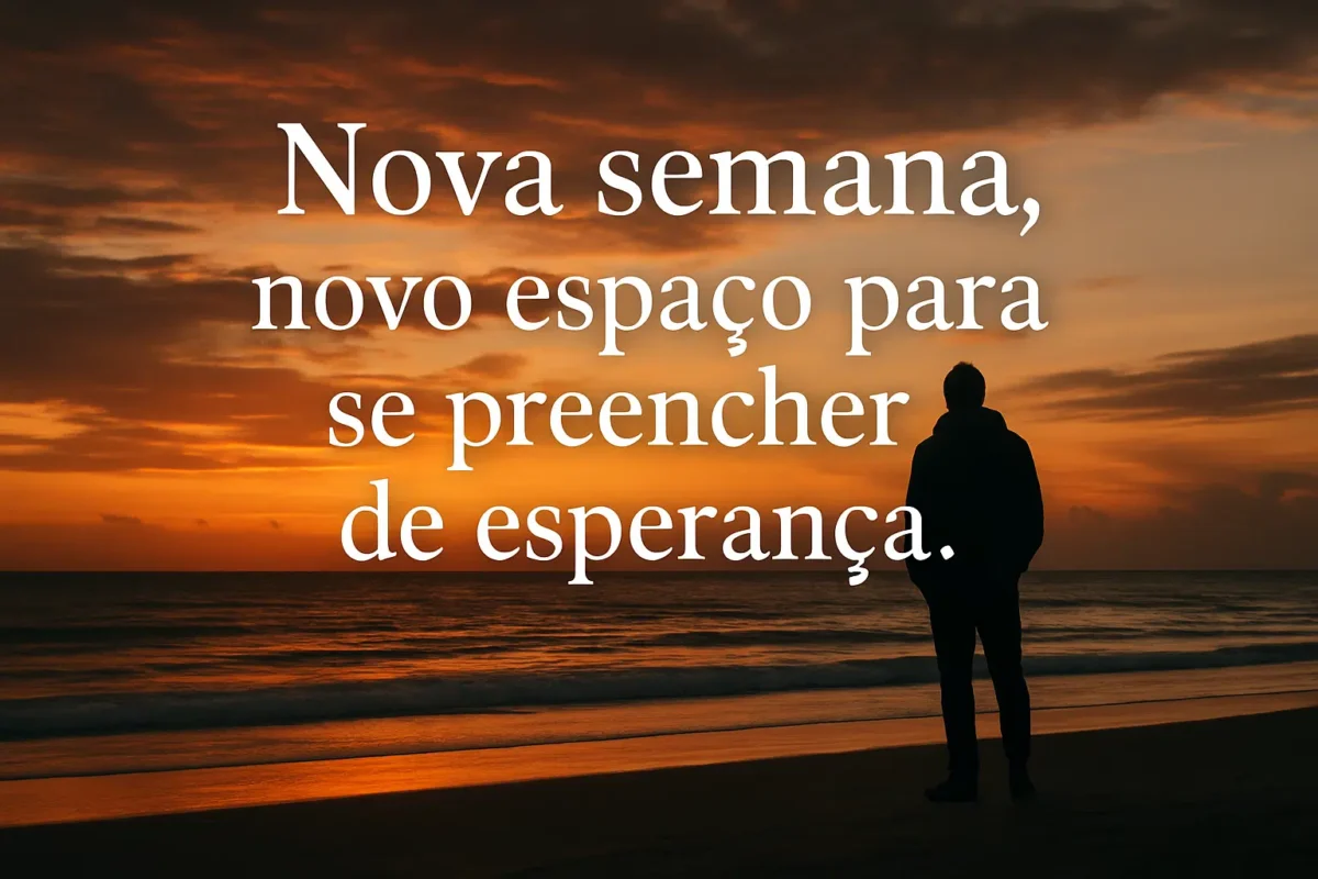 Um novo mês e uma nova semana: mensagens inspiradoras para recomeçar 6 Pessoa de pé olhando o mar durante pôr do sol com frase "Nova semana, novo espaço para se preencher de esperança."
