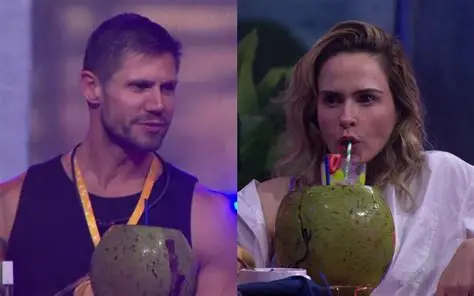 Romance à vista? Veja os momentos de flerte e tensão entre Ana Paula e Jonas no BBB 26 6 Ana Paula e Jonas trocando olhares enquanto bebem água de coco na festa do BBB 26