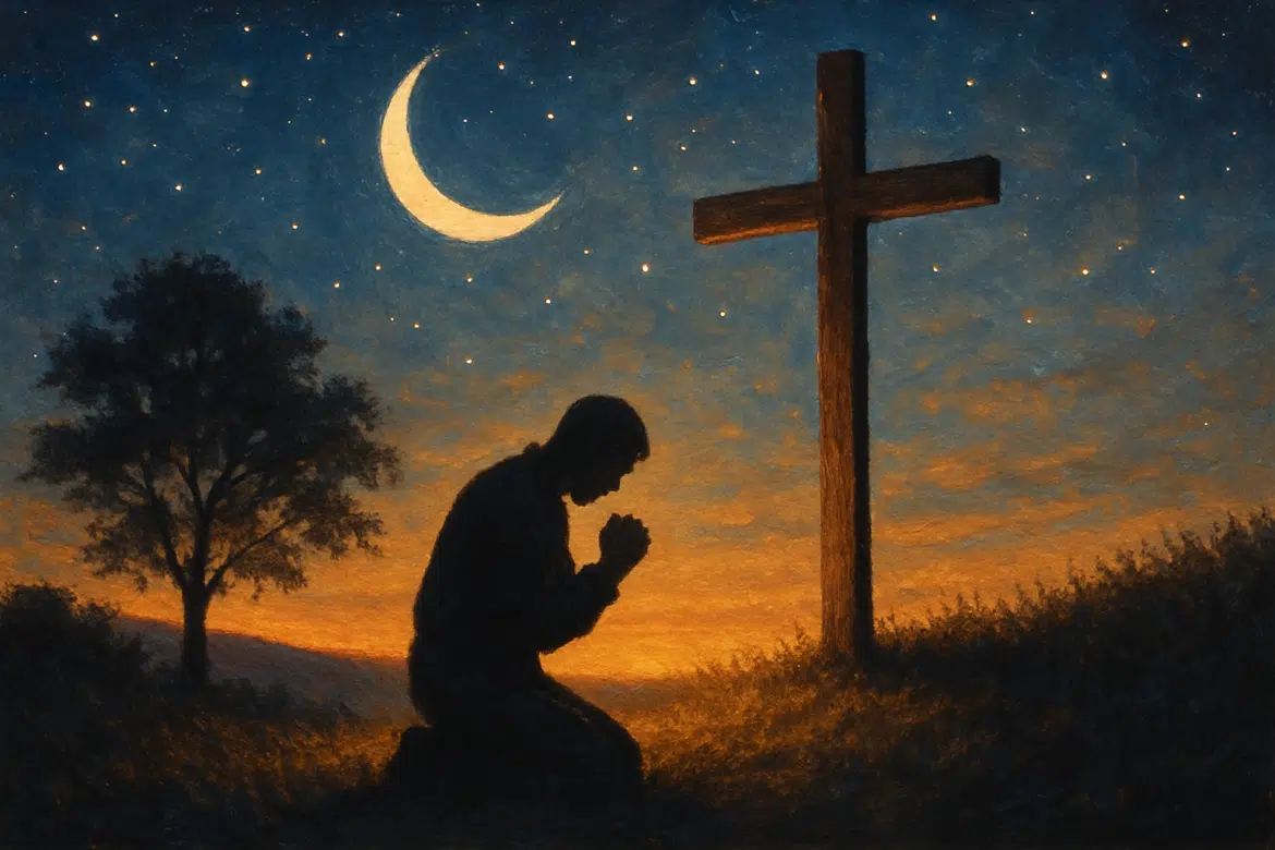 Homem ajoelhado orando diante de uma cruz ao entardecer