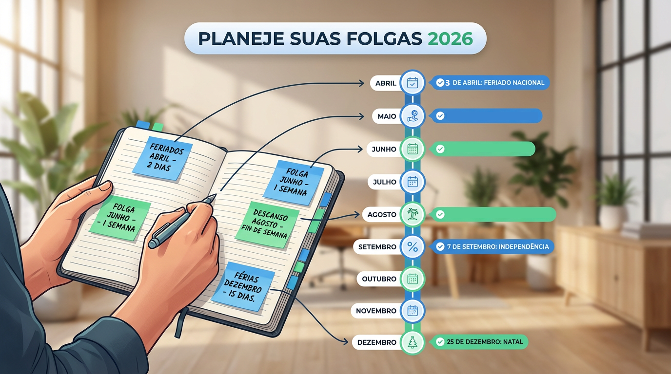 Abril de 2026: Um mês cheio de feriados e oportunidades para descansar 6 Pessoa escrevendo em agenda com anotações sobre feriados e folgas de 2026, em escritório iluminado