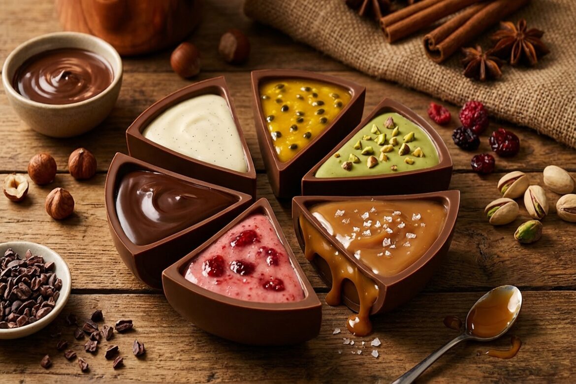 Fatias de ovo de Páscoa recheadas com creme, frutas e castanhas sobre mesa rústica de madeira