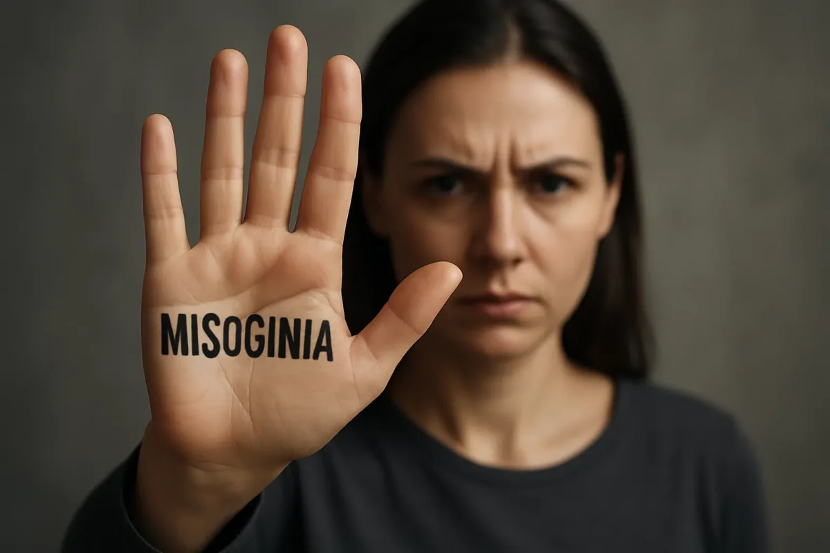 Senado aprova projeto que criminaliza a misoginia 6 Mulher séria com a palavra 'MISOGINIA' escrita na palma da mão levantada