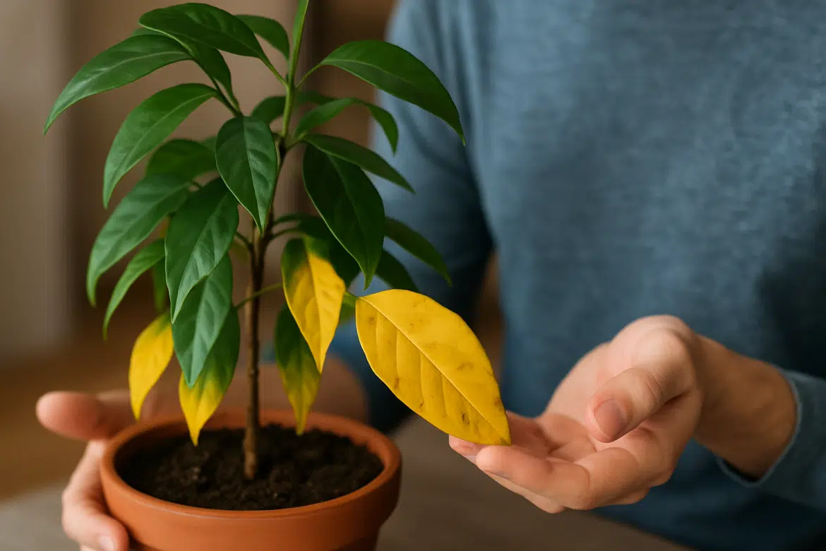 Pessoa segurando vaso com planta de folhas verdes e algumas folhas amarelas
