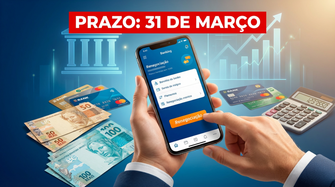 Mão usando celular exibindo opção de renegociação ao lado de notas, cartões e calculadora