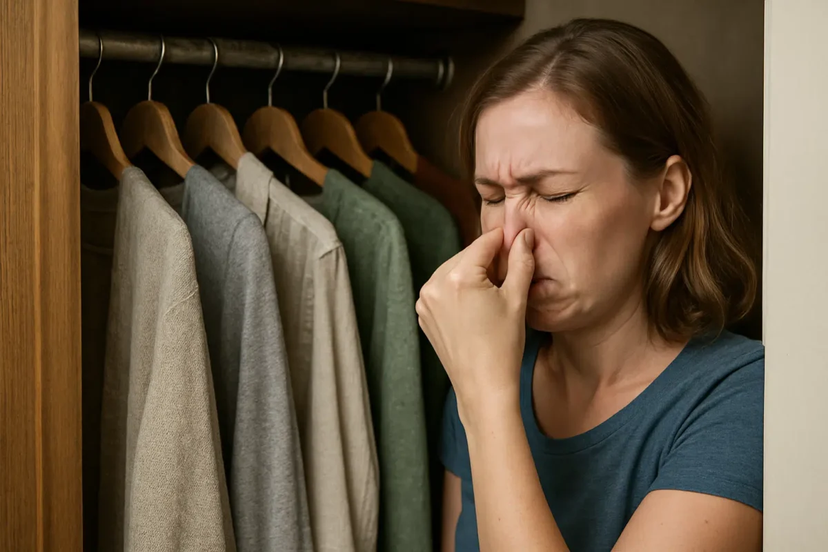 Por que você deve colocar um pedaço de giz no guarda-roupa hoje mesmo 6 Mulher tampando o nariz ao sentir mau cheiro em um guarda-roupa
