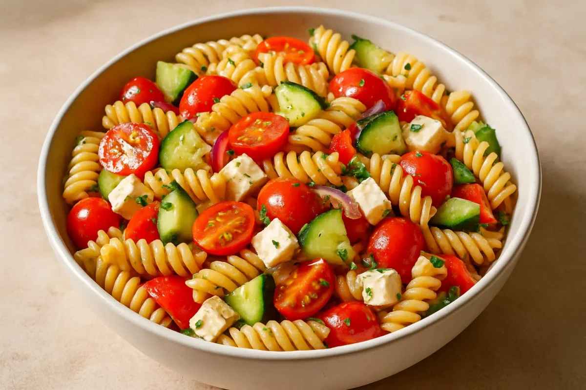 Salada de macarrão do TikTok: o prato refrescante que virou febre e como fazer em casa 6 Salada de macarrão com tomate, pepino, queijo feta e ervas