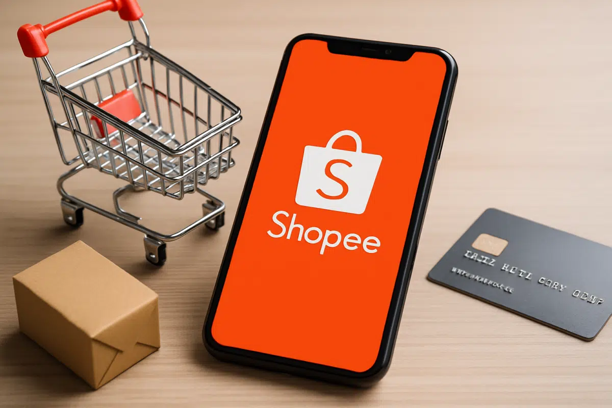 Programa de Jovem Aprendiz Shopee está com oportunidades em mais de 20 estados 6 Celular com aplicativo Shopee aberto, mini carrinho de compras, caixa de papelão e cartão de crédito ao lado